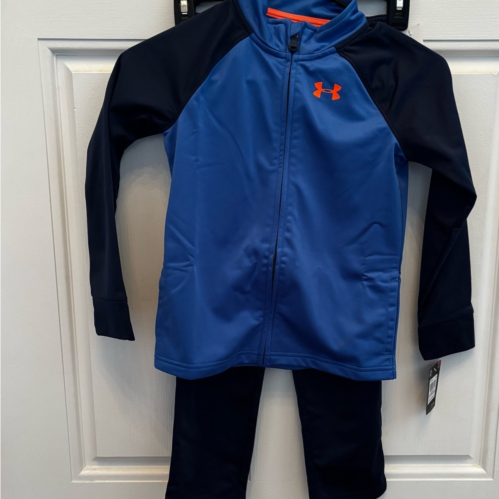 NWT Under Armour Kids Blue and Navy with Orange Logo Zipped Sweatsuit Set